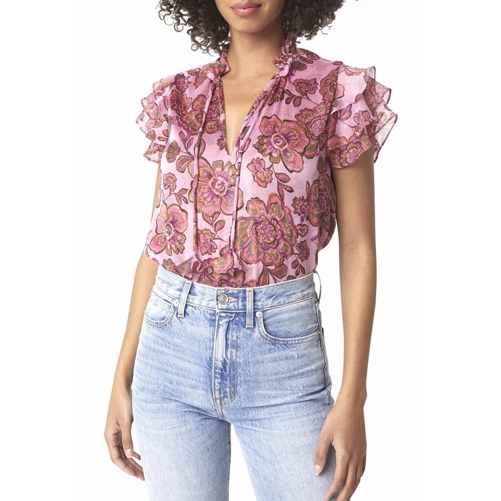 MISA Los Angeles Maria Floral Boho Flutter Sleeve Ruffle Top Women's Size Medium